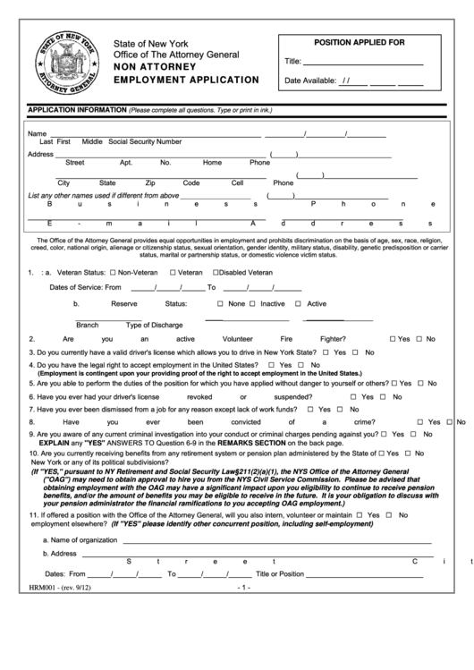 Fillable Non Attorney Employment Application Form - State Of New York, Office Of The Attorney General Printable pdf