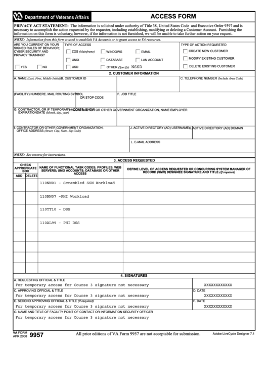 Fillable Va Form 9957 - Access Form Printable pdf