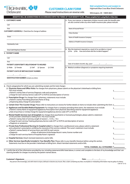 Customer Claim Form - Highmark Blue Cross Blue Shield Delaware Printable pdf