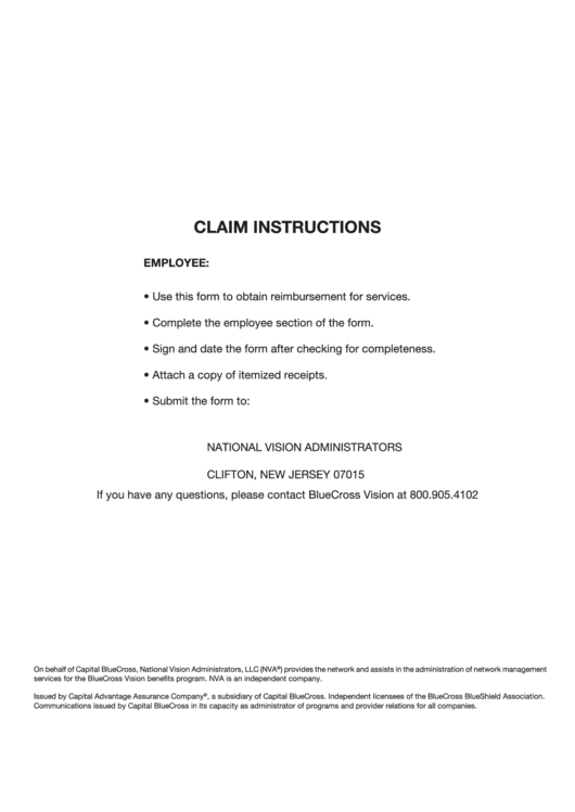 Form Bcv-1 - Claim For Vision Care Expense For Non-Participating Providers Printable pdf