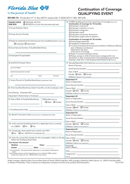 Fillable Continuation Of Coverage Form Qualifying Event - Florida Blue Printable pdf