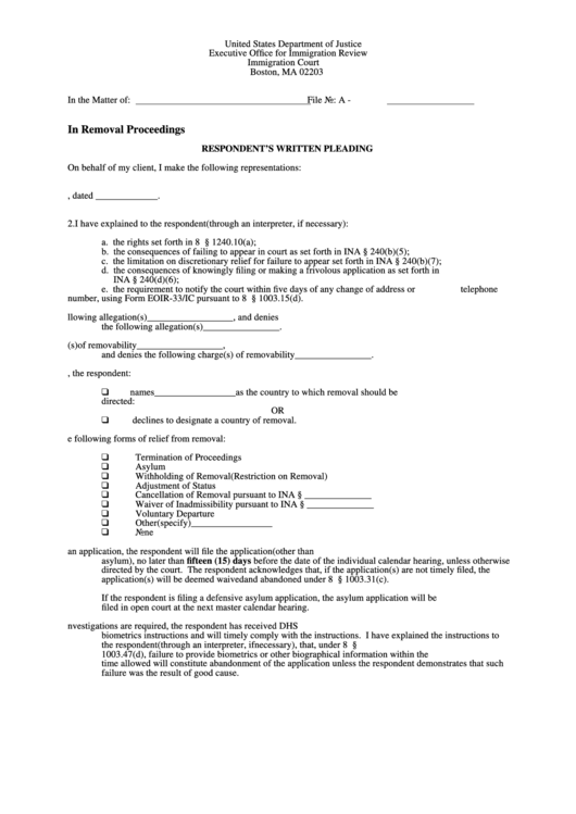 Respondent's Written Pleading Form - United States Department Of Justice