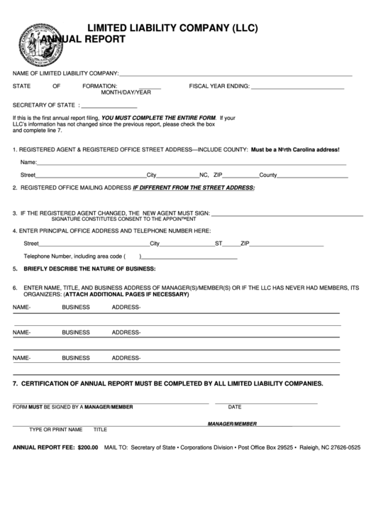 Llc Annual Report Form - North Carolina Secretary Of State printable pdf download