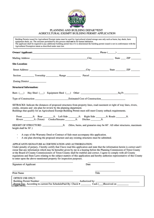 Planning And Building Department Agricultural Exempt Building Permit Application Form - Teton County, Idaho Printable pdf