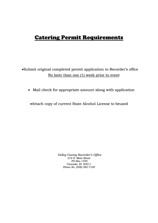 Valley County Liquor Catering Permit Form Printable pdf