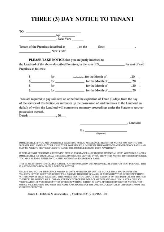 Three (3) Day Notice To Tenant Form Printable pdf