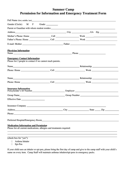 Permission For Information And Emergency Treatment Form Printable pdf