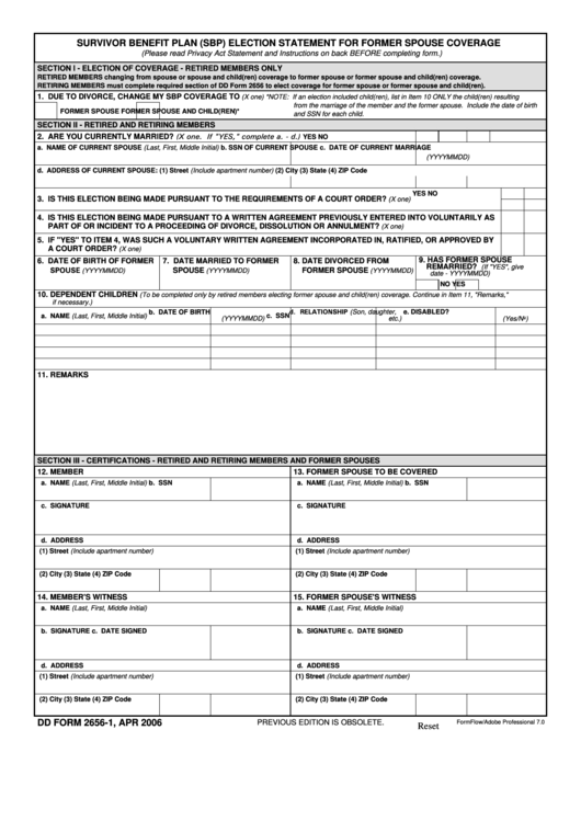 Fillable Dd Form 2656-1 - Sbp Election Statement For Former Spouse Coverage - April 2006 Printable pdf