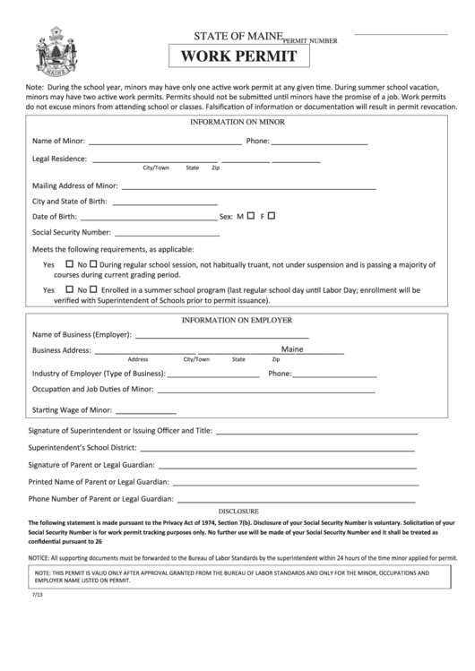 Fillable Work Permit Form State Of Maine Printable Pdf Download