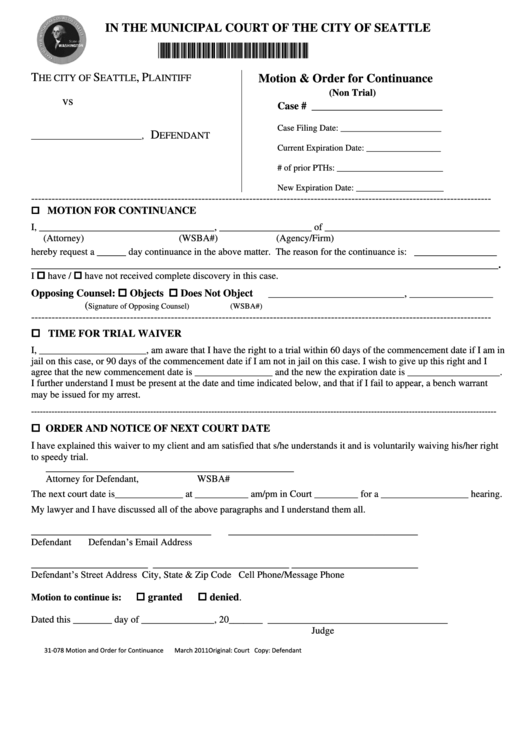Form 31-078 - Motion & Order For Continuance (Non-Trial) - Municipal Court Of Seattle - 2011 Printable pdf