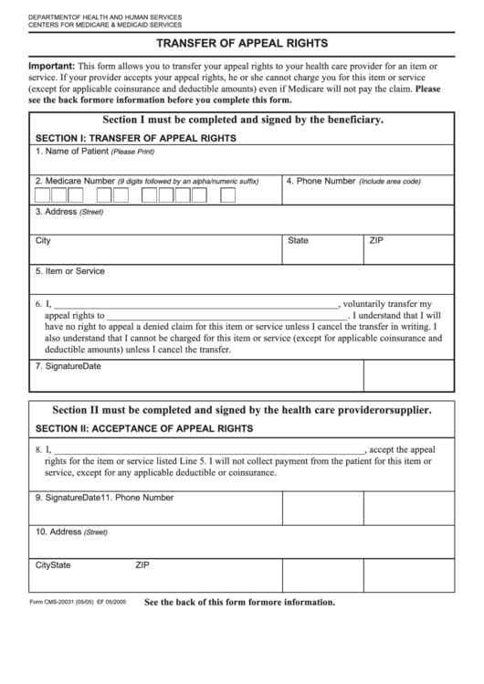 Fillable Form Cms-20031 - 2005 Transfer Of Appeal Rights Printable pdf