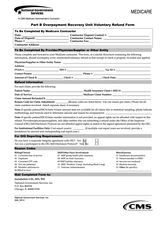Fillable Part B Overpayment Recovery Unit Voluntary Refund Form - 2014 Printable pdf