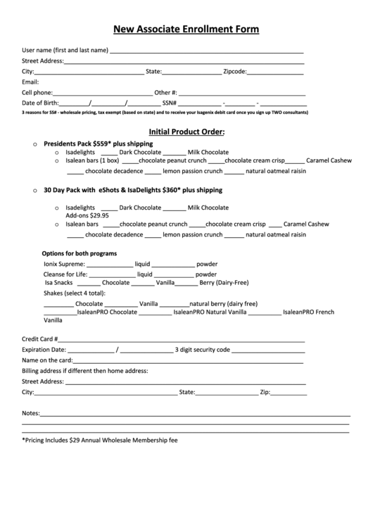 New Associate Enrollment Form Printable pdf