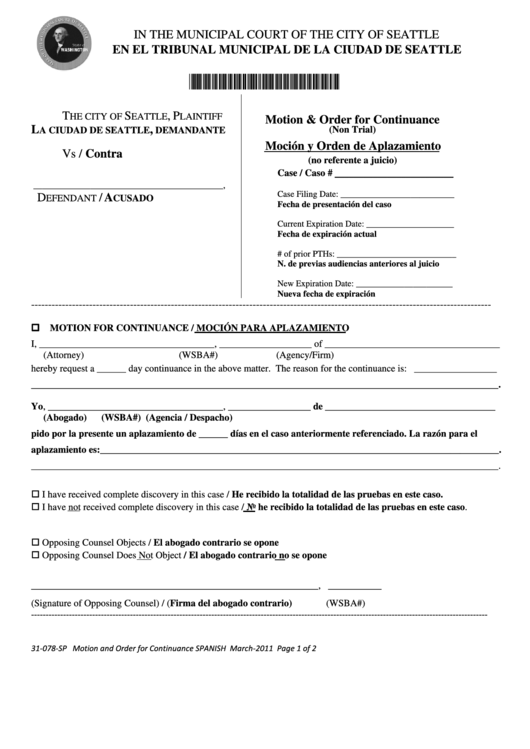 Motion Order For Continuance Form Printable Pdf Download