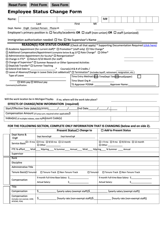 Fillable Employee Status Change Form Printable pdf
