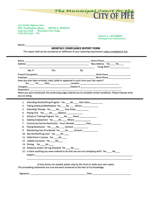 Monthly Compliance Report Form - Washington Municipal Court Printable pdf