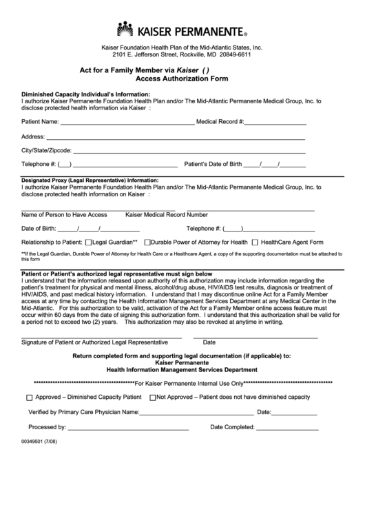 Act For A Family Member, Access Authorization Form Printable pdf