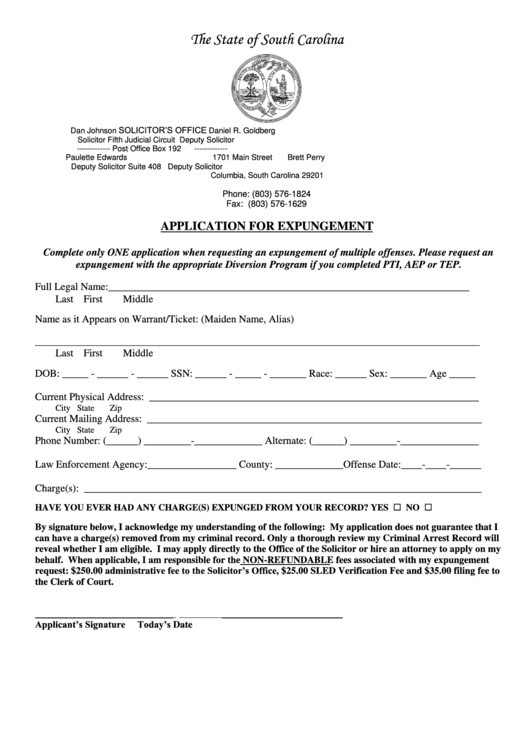 Application For Expungement Form Printable pdf