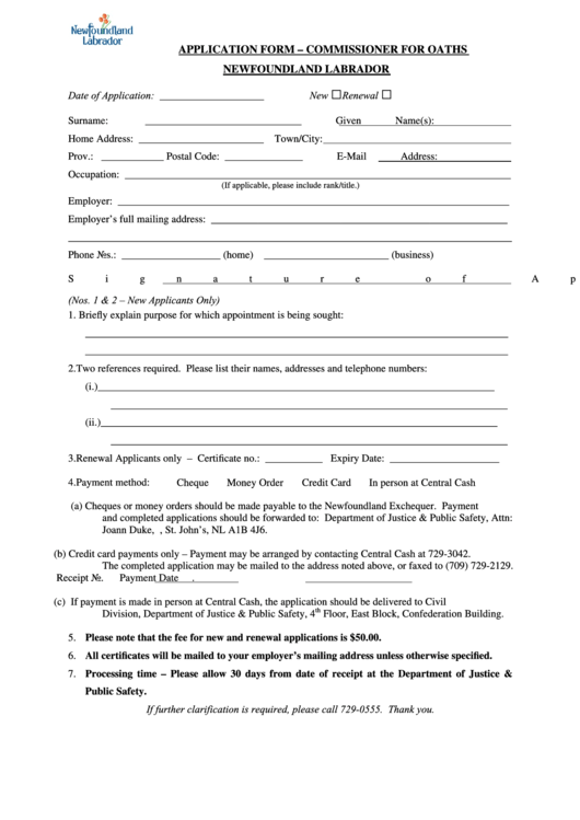 Fillable Application Form For Commissioner For Oaths Printable pdf