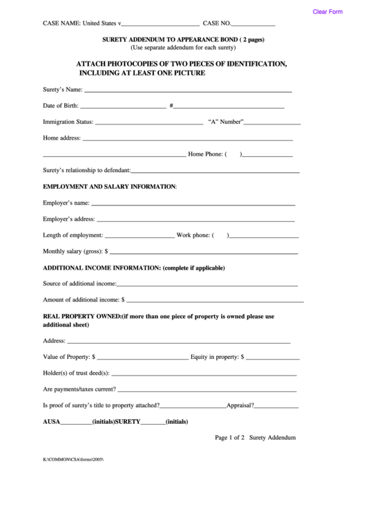 Fillable Surety Addendum To Appearance Bond Form Printable pdf