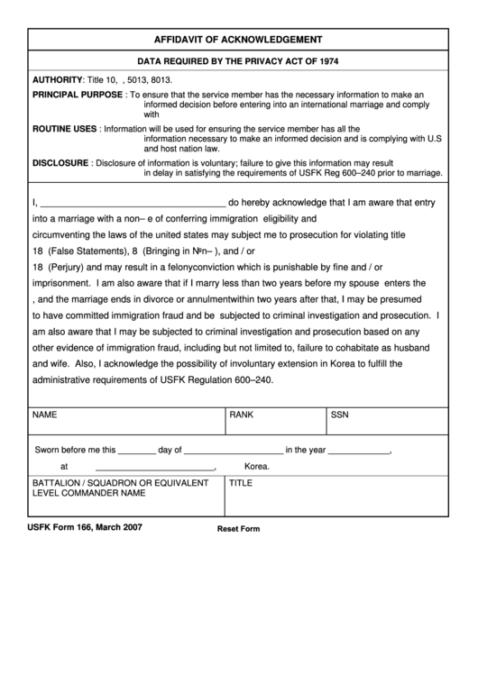 Fillable Usfk Form 166 Affidavit Of Acknowledgement 2007 Printable pdf