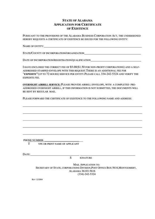 Application For Certificate Of Existence Form - Secretary Of State, State Of Alabama Printable pdf
