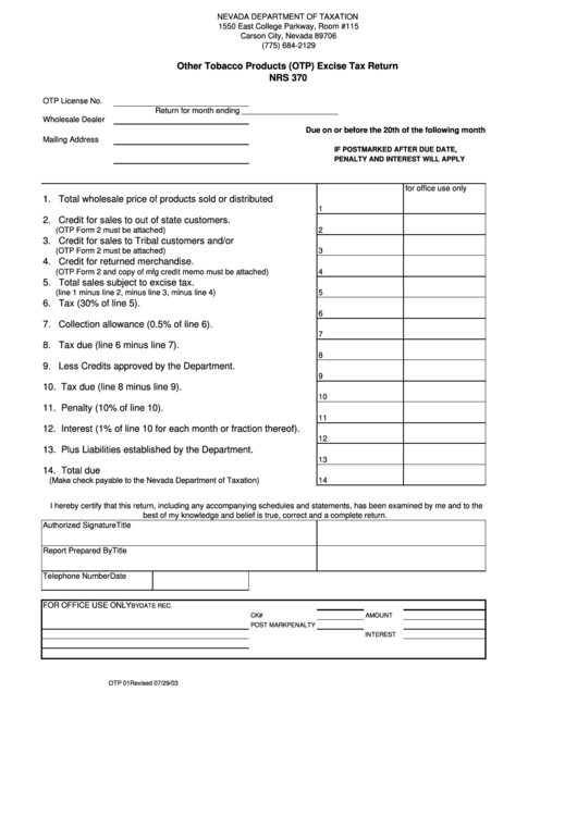 Form Otp 01 - Other Tobacco Products (Otp) Excise Tax Return Printable pdf