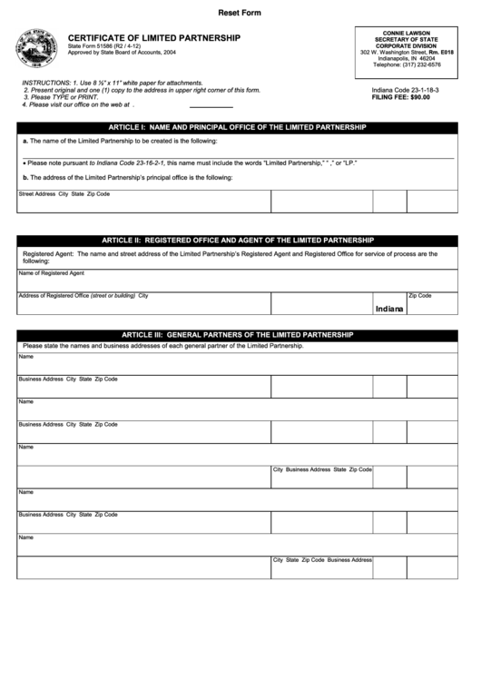 Fillable State Form 51586 - Certificate Of Limited Partnership Printable pdf