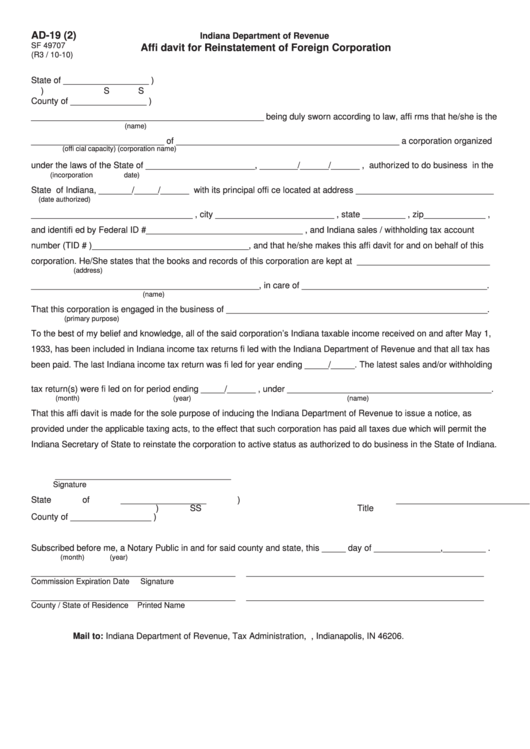 Fillable Form Ad-19 (2) - Affidavit Form For Reinstatement Of Foreign Corporation Printable pdf