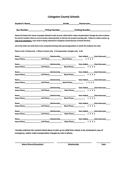 Sample Child Transportation Form Printable pdf