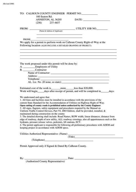 Calchoun County Engineer Work Permit Letter printable pdf download