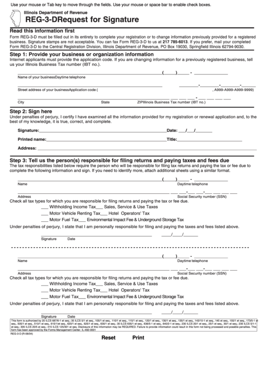 Fillable Form Reg-3-D - Request For Signature Printable pdf