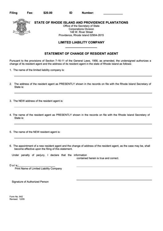 Fillable Statement Of Change Of Resident Agent Form Printable pdf