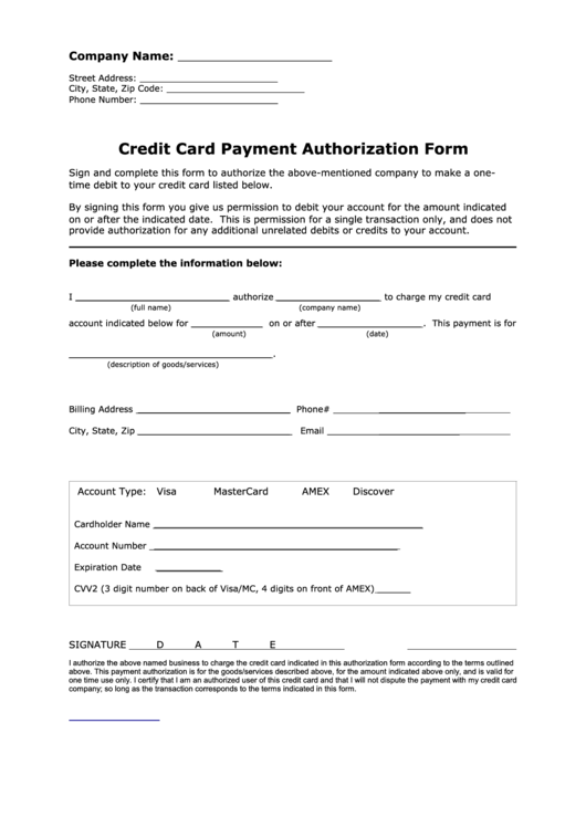 Fillable Credit Card Payment Authorization Form Printable pdf
