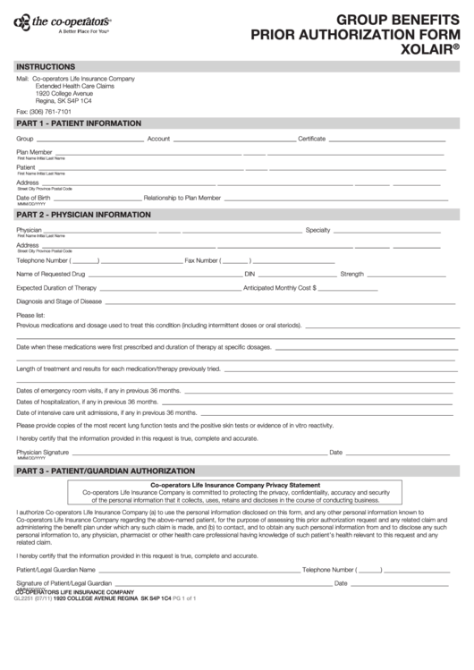 Fillable Form Gl2251 - Group Benefits Prior Authorization - Xolair - 2011 Printable pdf