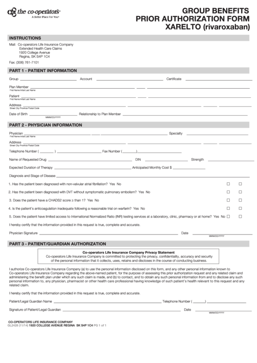 Form Gl2428 - Group Benefits Prior Authorization - Xarelto (Rivaroxaban) - 2014 Printable pdf