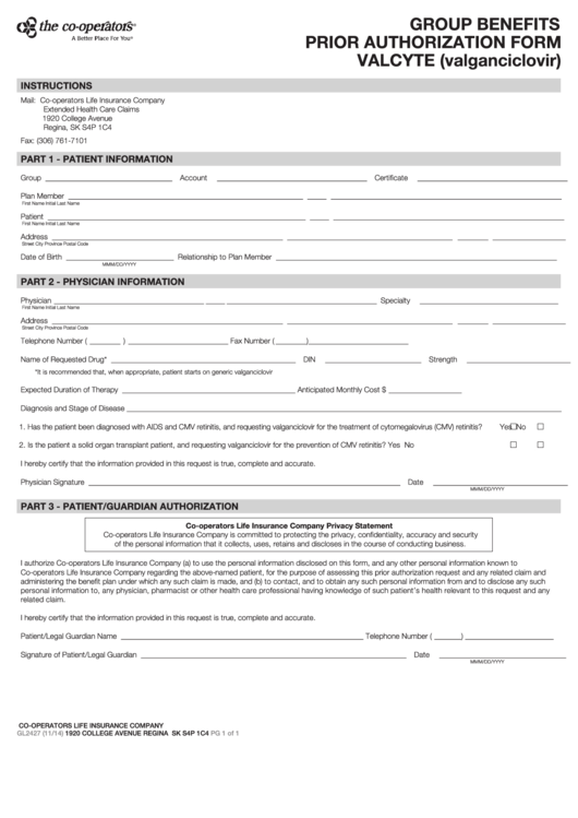 Form Gl2427 - Group Benefits Prior Authorization - Valcyte (Valganciclovir) - 2014 Printable pdf
