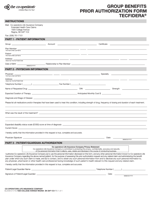 Form Gl2429 - Group Benefits Prior Authorization - Tecfidera - 2014 Printable pdf
