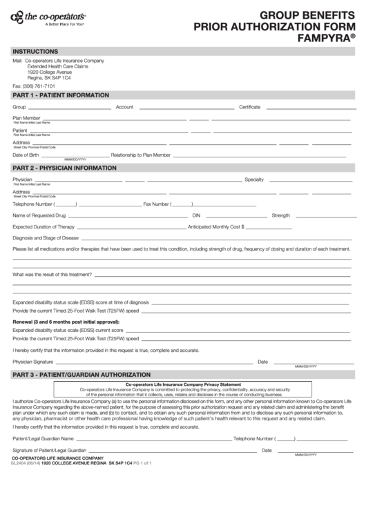 Fillable Form Gl2404 - Group Benefits Prior Authorization - Fampyra - 2014 Printable pdf