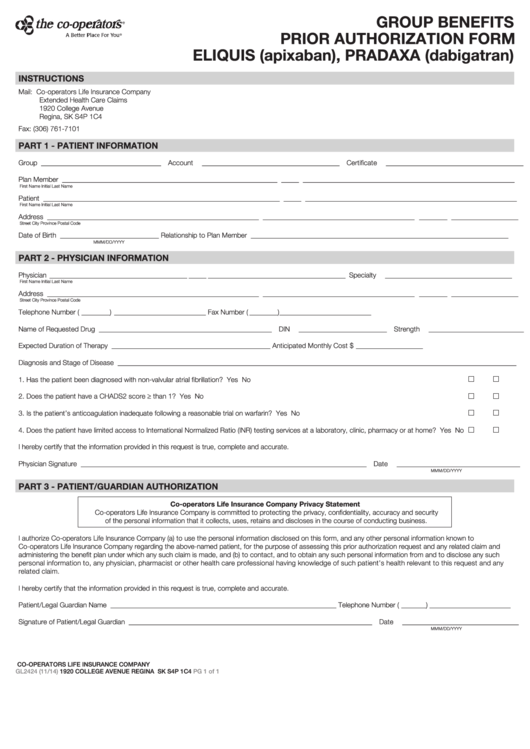 Form Gl2424 - Group Benefits Prior Authorization - Eliquis (Apixaban), Pradaxa (Dabigatran) - 2014 Printable pdf
