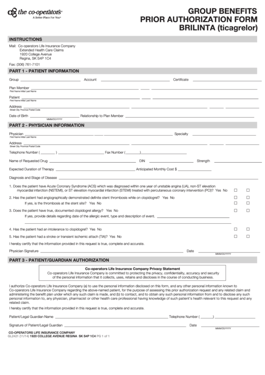 Form Gl2421 - Group Benefits Prior Authorization - Brilinta (Ticagrelor) - 2014 Printable pdf