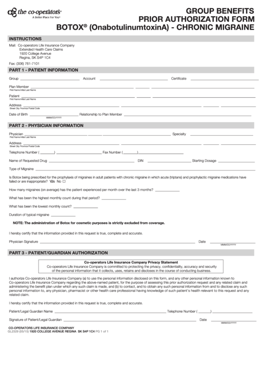 Form Gl2329 - Group Benefits Prior Authorization - Botox (Onabotulinumtoxina) - Chronic Migraine - 2015 Printable pdf