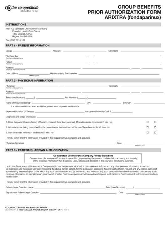 Form Gl2420 - Group Benefits Prior Authorization - Arixtra (Fondaparinux) - 2014 Printable pdf