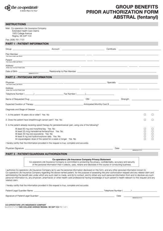 Form Gl2419 - Group Benefits Prior Authorization - Abstral - 2014 Printable pdf