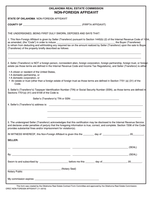 Fillable Oklahoma Real Estate Commission - Non-Foreign Affidavit Form Printable pdf