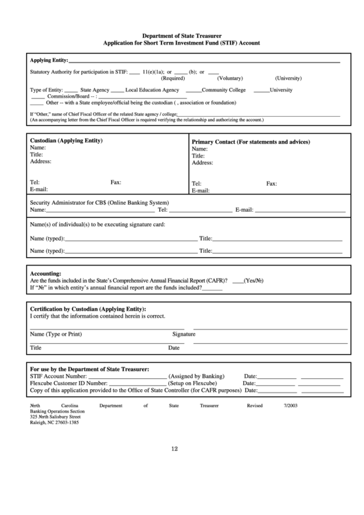 Application Form For Short Term Investment Fund (Stif) Account Printable pdf