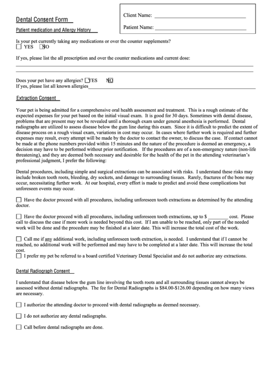 Dental Consent Form - Patient Medication And Allergy History Printable pdf