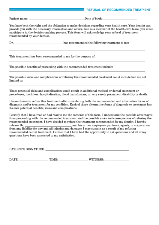 Fillable Refusal Of Recommended Treatment Form Printable pdf