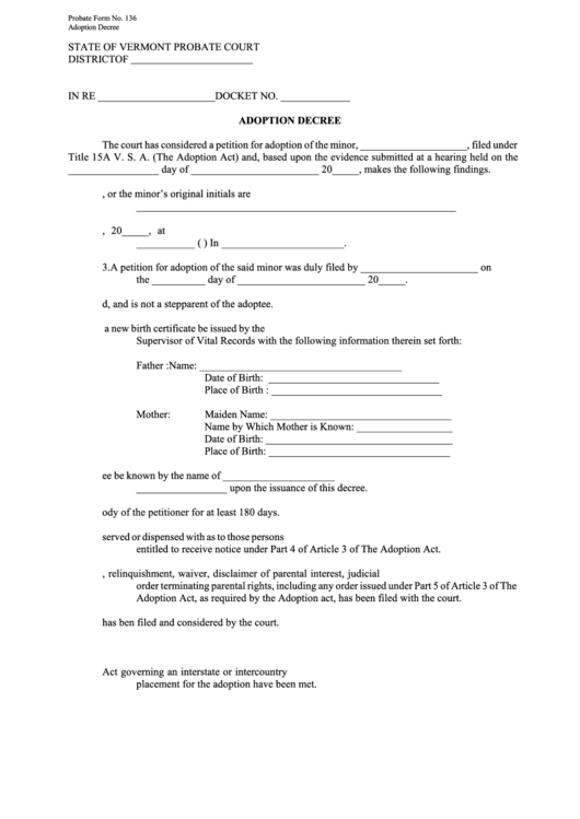Fillable Adoption Decree Form Printable pdf