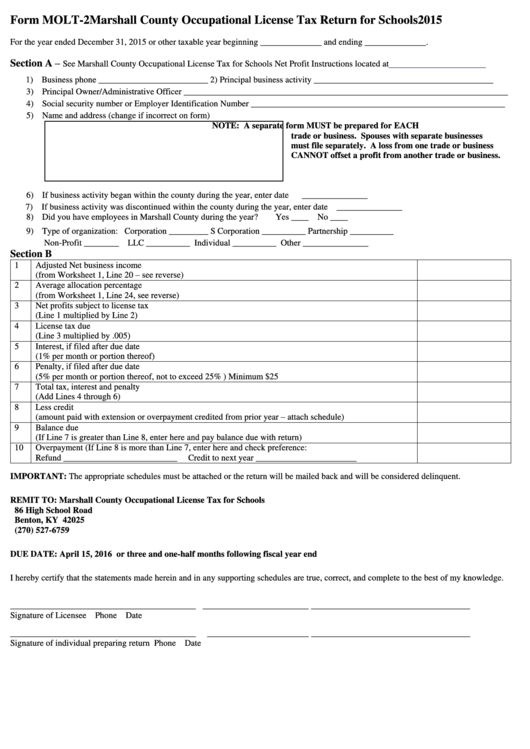 Form Molt-2 - Marshall County Occupational License Tax Return For Schools - 2015 Printable pdf